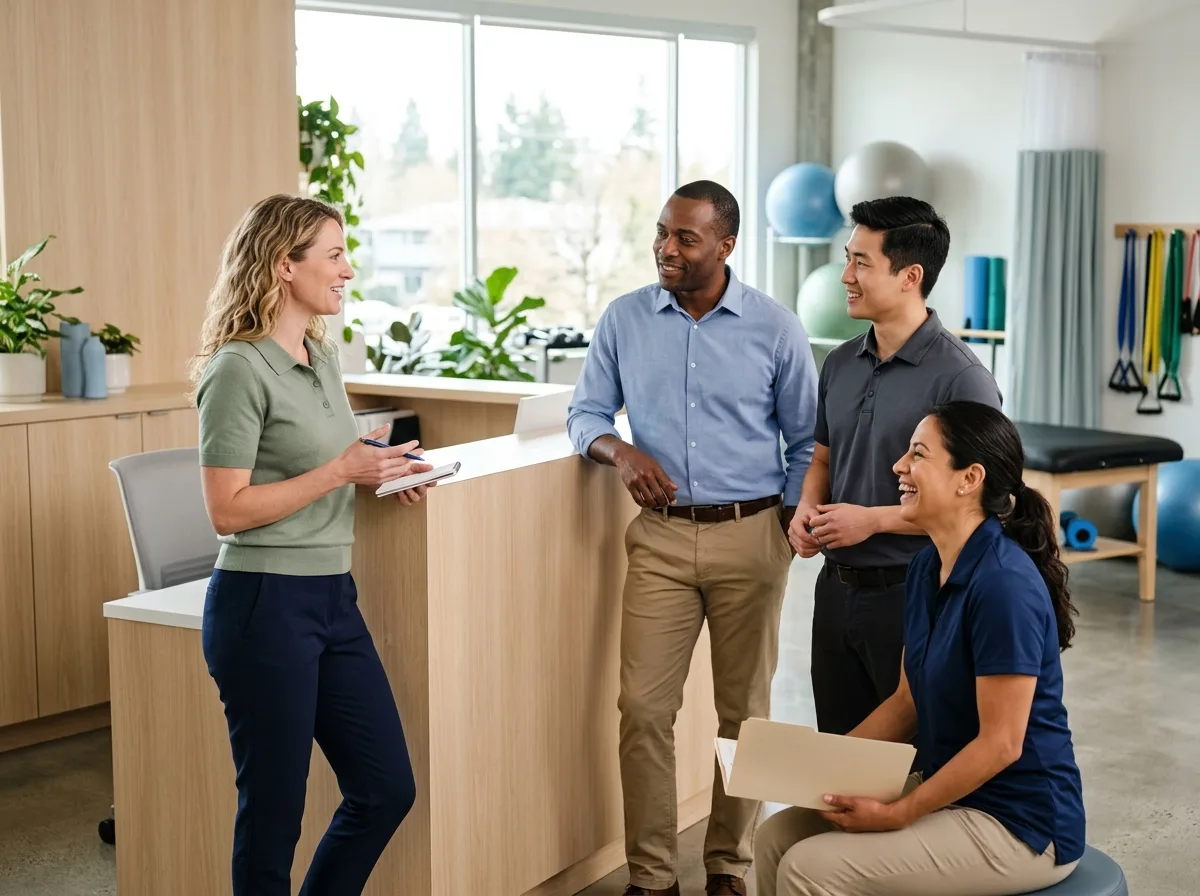 Clinicians in a bright physical therapy clinic talking together between appointments.