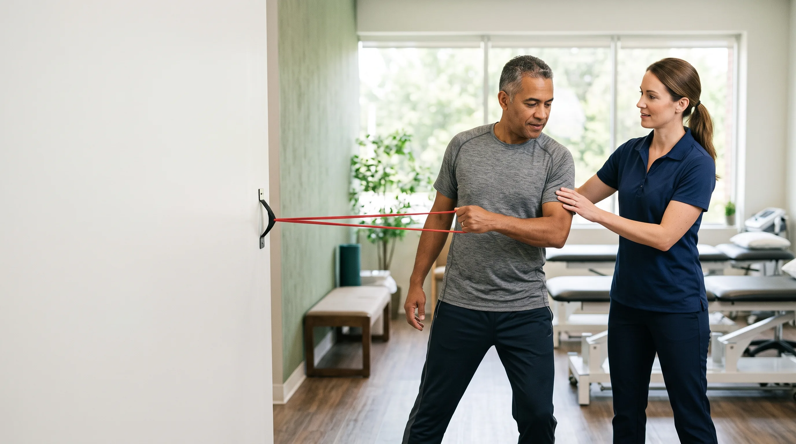A physical therapist guides a patient through a resistance-band exercise in a bright treatment room.