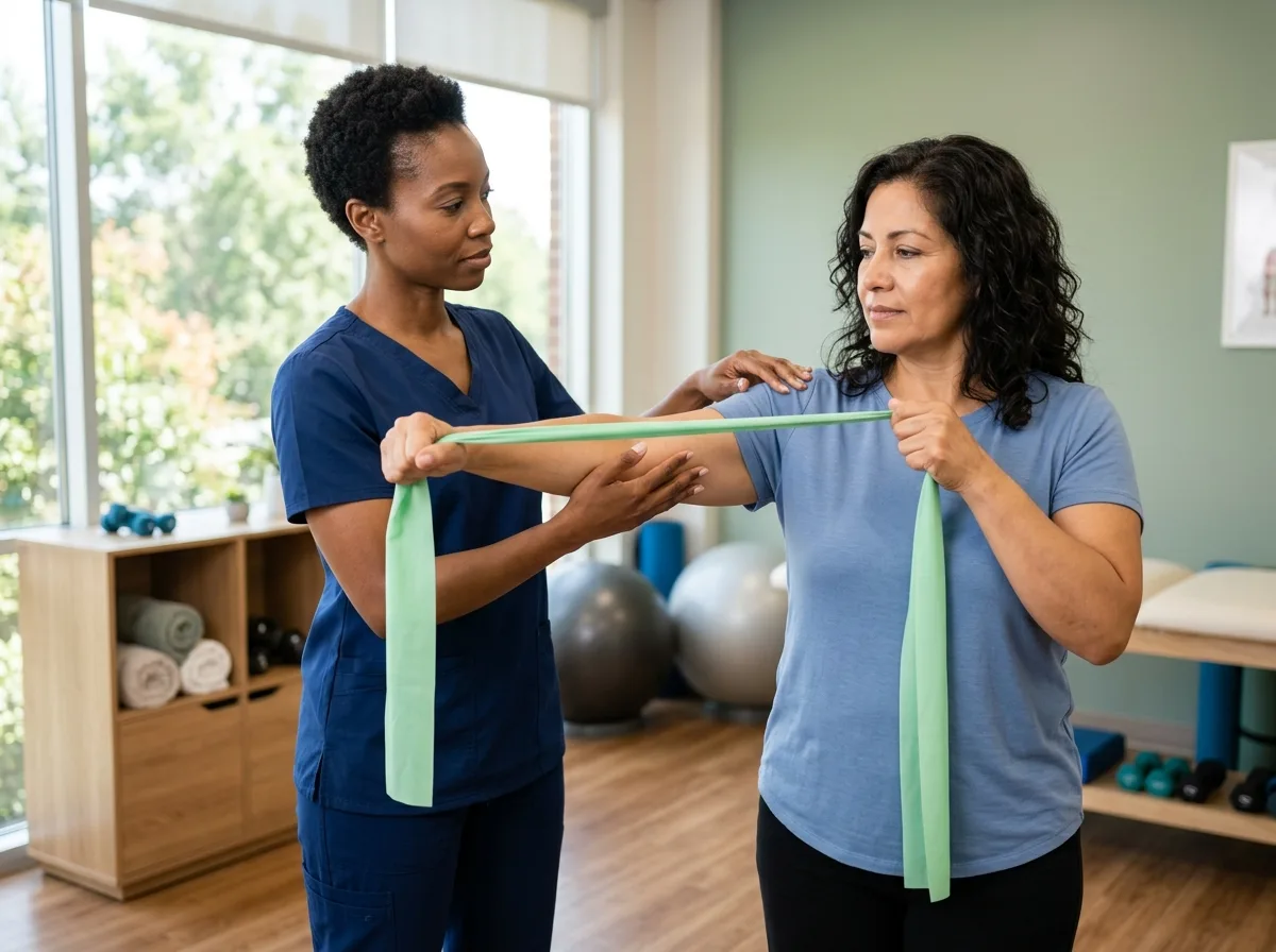A therapist assesses a patient&rsquo;s shoulder movement during an orthopedic rehabilitation session.