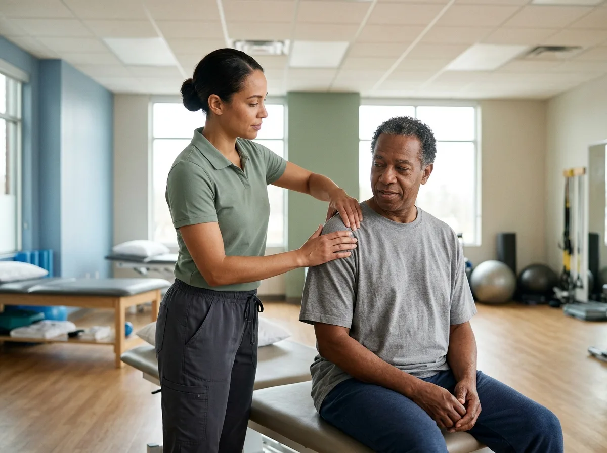 A therapist provides hands-on care to a patient managing ongoing discomfort.