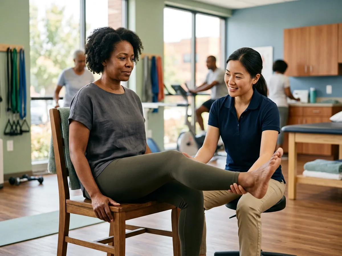 A therapist supports a patient through gentle guided movement during post-surgical recovery.